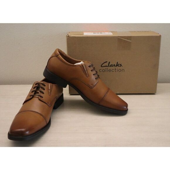 Clarks 26130096 Men's Sz 8.5W Dark Tan Leather Tilden Cap-Toe Dress Shoes - Picture 1 of 12